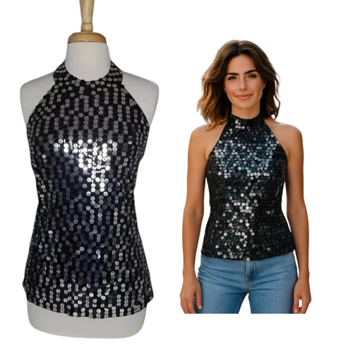 s-l500-138 Halter Style Top Black Silver Solid Sequin Lined Adult L Dance Costume New - Image 1