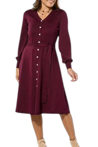 s-l500-246 Nina Leonard Women's Balloon-Sleeve Belted Sweater Dress Deep Wine - Image 1