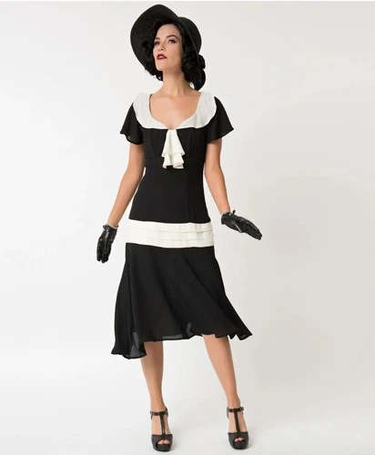 s-l500-331 UNIQUE VINTAGE 1920s BLACK CREAM WILSHIRE FLAPPER DAY DRESS - NEW - Image 1