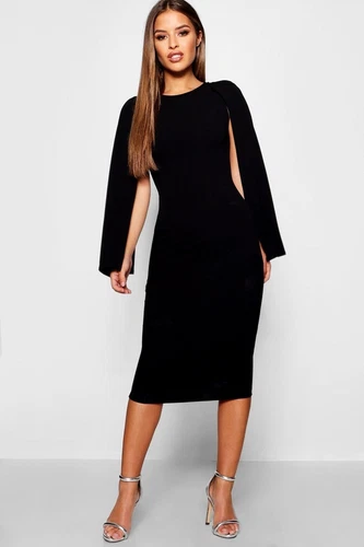 s-l500-353 boohoo cape sleeve dress UK 8 womens Black Midi - Image 1