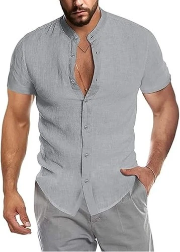 s-l500-368 Men's Linen Shirts Button Beach Short Sleeve Casual Summer V Neck Tees Grey 3XL - Image 1