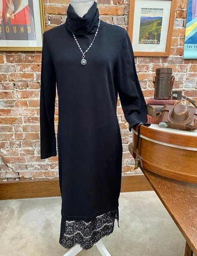 s-l500-408 Isaac Mizrahi Black Turtleneck Sweater Dress Lace Hem New - Image 1