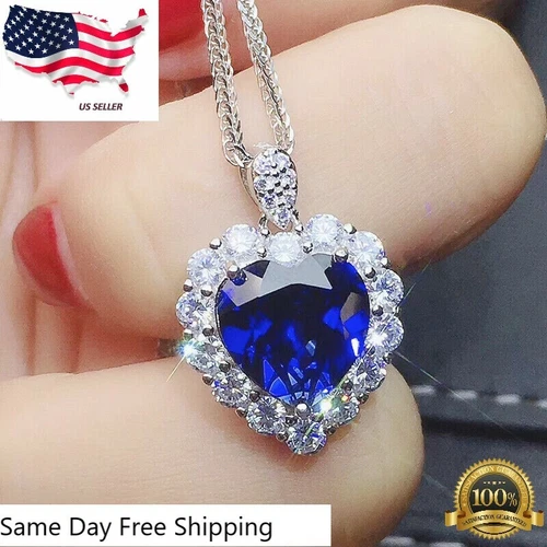 s-l500-64 Heart 925 Silver Plated Necklace Pendant Blue zircon Jewelry Lab-Created glass - Image 1